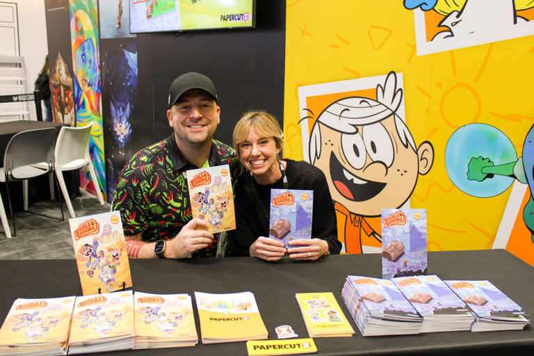 Chas! Pangburn and Kim Shearer previewing their upcoming middle grade graphic novel, Double Booking at New York Comic Con 2023
