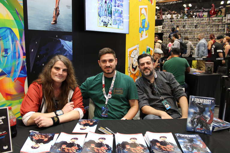 The creative team of Edenfrost, Amit Tishler, Bruno Frenda, and Taylor Esposito signing previews of Edenfrost at New York Comic Con