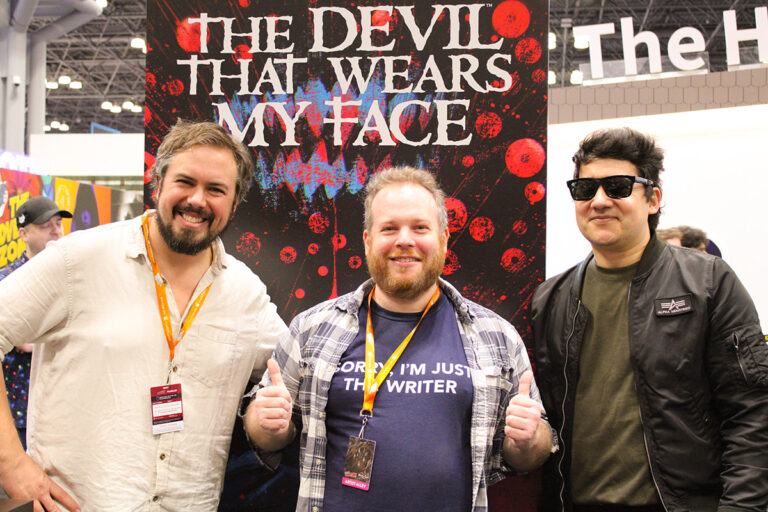 The creative team of The Devil That Wears My Face, Alex Cormack, David Pepose, and Maan House joined Mad Cave Studios for a signing at New York Comic Con