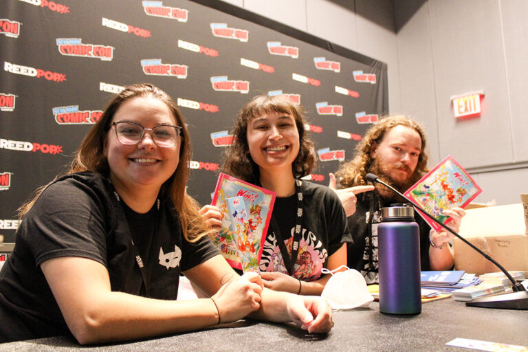 Christina Harrington, Stephanie Brooks, and Spenser Nellis ready to host the Winx Club’s Sparkling 20th Anniversary panel at New York Comic Con 2023